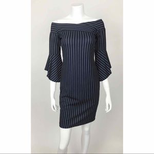 Bebe off the shoulder navy blue pinstripe dress